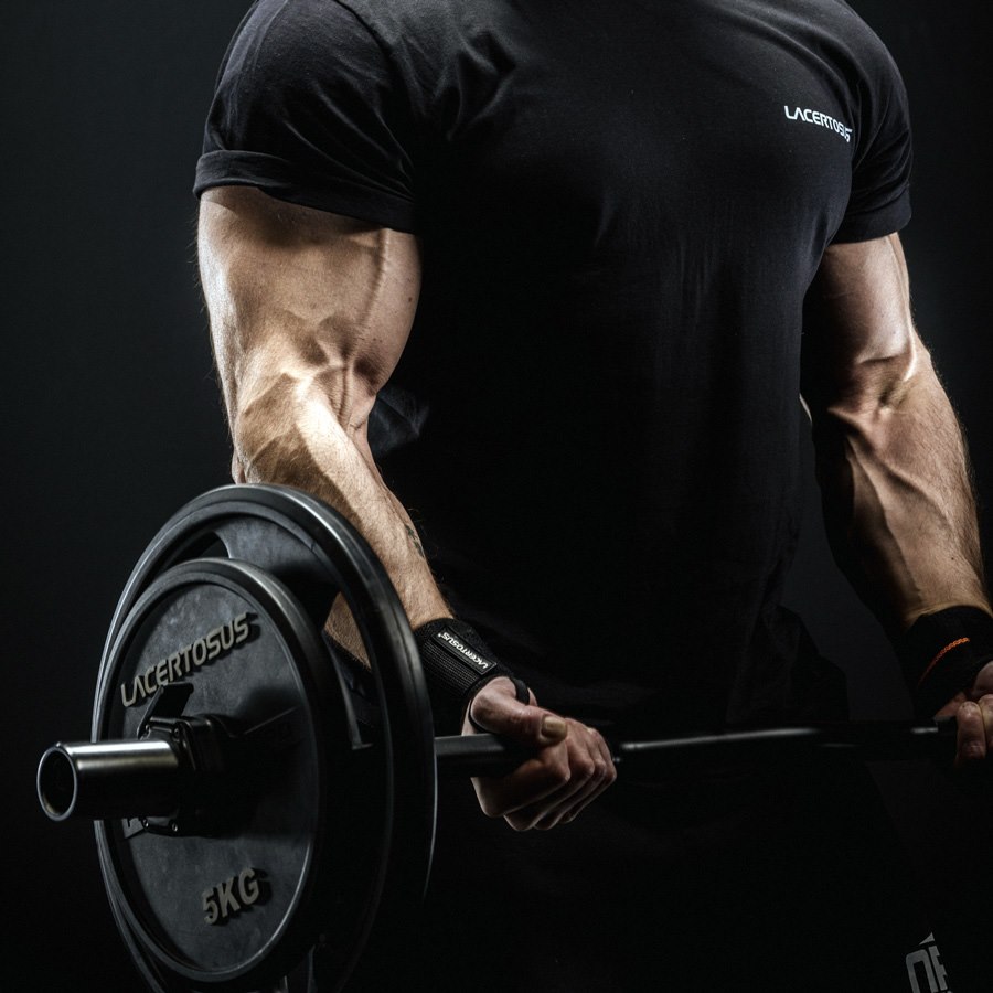 Athlète effectuant un curl biceps avec la barre EZ Olympique Lacertosus