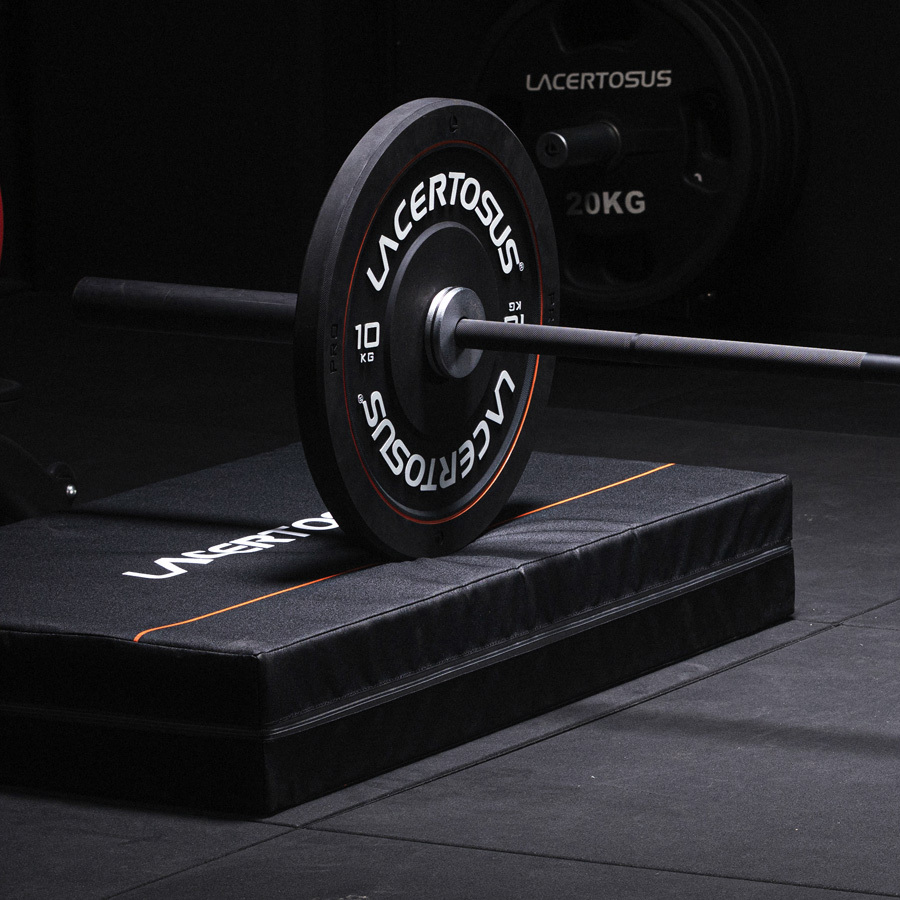 Barra con pesas Lacertosus sobre una colchoneta en el gimnasio.